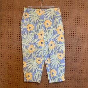 Talbots Woman Floral Print Capri Pants Green Petite 90s Mom Tropical Pastel